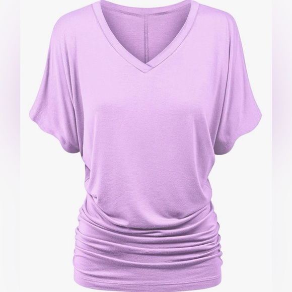 None Tops - Women's Solid Short Sleeve Boat Neck V Neck Dolman Top with Side Shirring